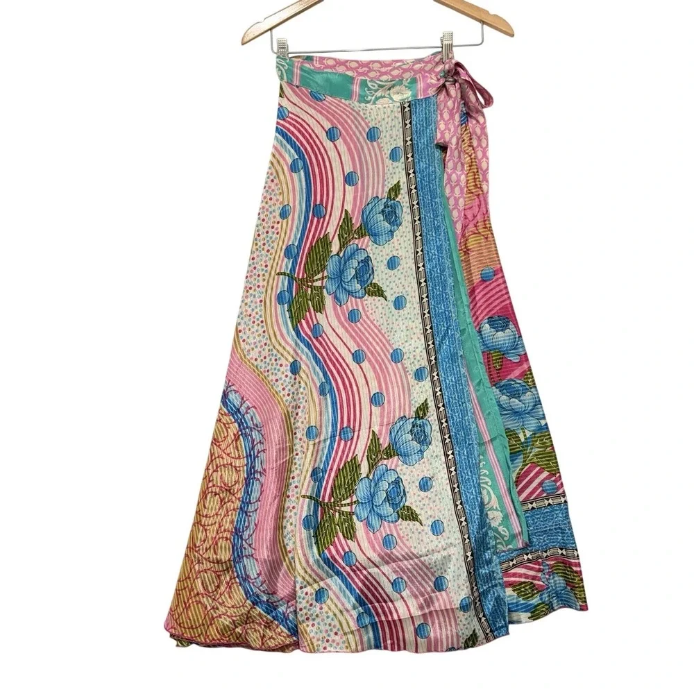 Art To Wear Vintage Silk Sari Magic Wrap Skirt Reversible Hippie Sarong Beach OS - Picture 7 of 7